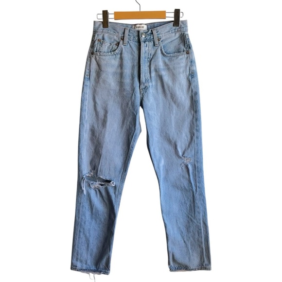 Agolde Riley High Rise Crop Jeans Light Blue Distressed Denim Size 25 - Picture 2 of 16